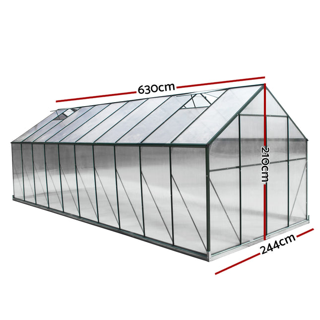 Green Fingers Greenhouse 6.3x2.44x2.1M Aluminium Polycarbonate Green House Garden Shed.