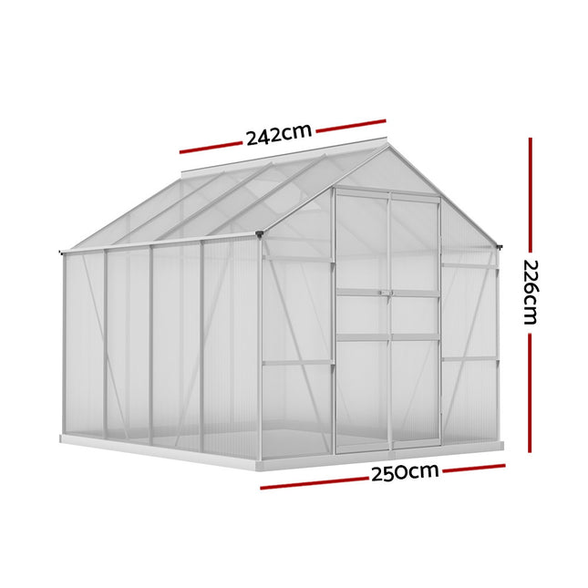 Green Fingers Greenhouse 2.42x2.5x2.26M Aluminium Double Doors Green House Garden Shed.