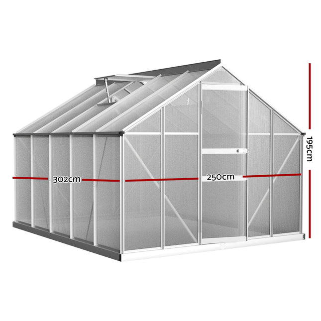Green Fingers Greenhouse 3x2.5x1.95M Aluminium Polycarbonate Green House Garden Shed.