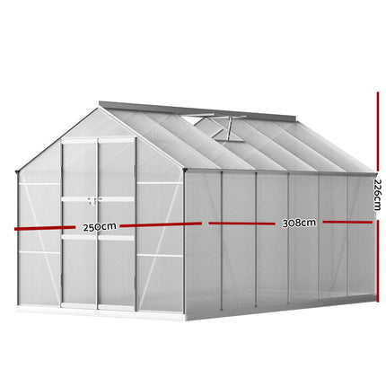 Green Fingers Greenhouse 3x2.5x2.26M Double Doors Aluminium Green House Garden Shed.