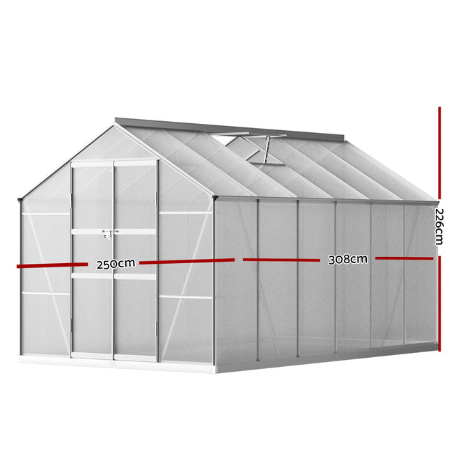 Green Fingers Greenhouse 3x2.5x2.26M Double Doors Aluminium Green House Garden Shed.
