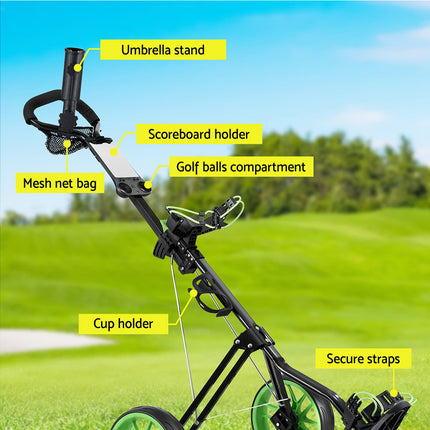 Everfit Golf Buggy Quick Folding Trolley Golf Cart 3 Wheels Height Adjustable.