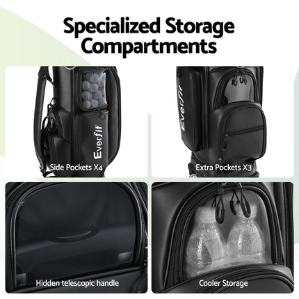 Everfit Golf Cart Bag Rolling Buggy Club Organiser Synthetic Leather Black.