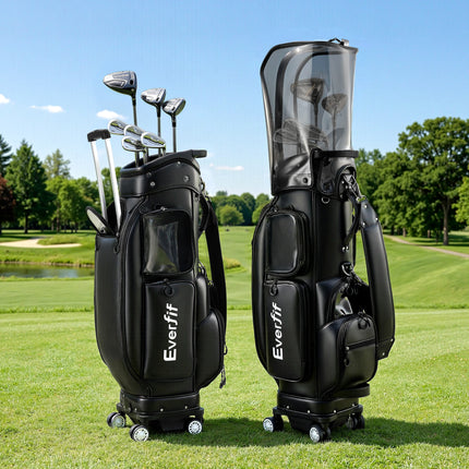 Everfit Golf Cart Bag Rolling Buggy Club Organiser Synthetic Leather Black.