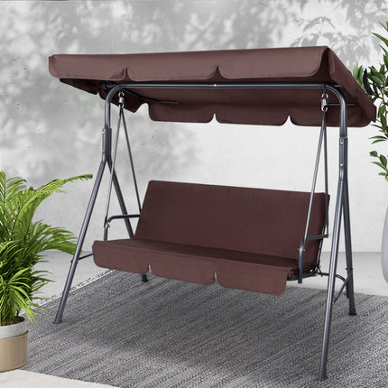 Gardeon Outdoor Swing Chair Garden Chair Bench Furniture Canopy 3 Seater Brown.