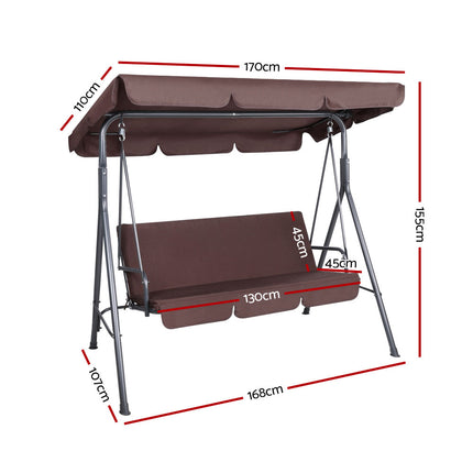 Gardeon Outdoor Swing Chair Garden Chair Bench Furniture Canopy 3 Seater Brown.