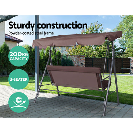 Gardeon Outdoor Swing Chair Garden Chair Bench Furniture Canopy 3 Seater Brown.