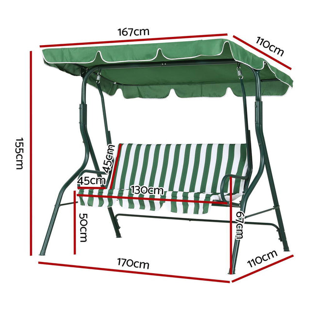 Gardeon Outdoor Swing Chair Garden Bench Furniture Canopy 3 Seater White Green.