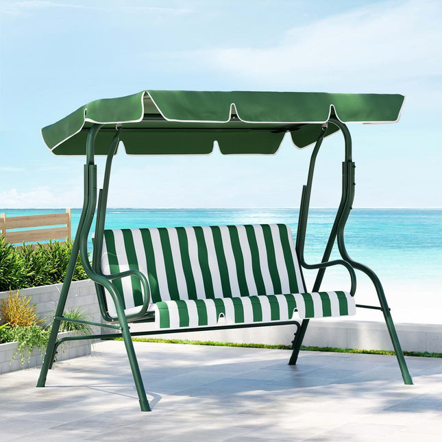 Gardeon Outdoor Swing Chair Garden Bench Furniture Canopy 3 Seater White Green.