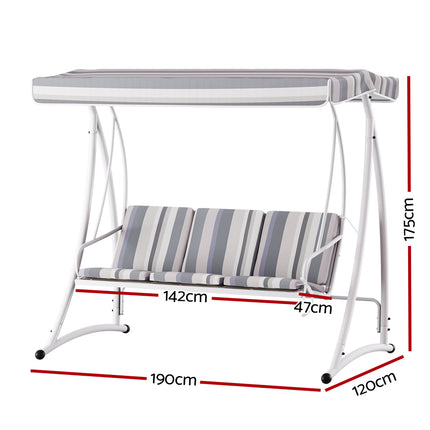 Gardeon Outdoor Swing Chair Garden Bench Furniture Canopy 3 Seater White Grey.