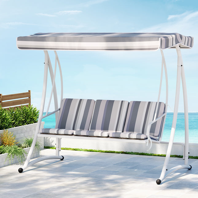 Gardeon Outdoor Swing Chair Garden Bench Furniture Canopy 3 Seater White Grey.