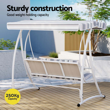 Gardeon Outdoor Swing Chair Garden Bench Furniture Canopy 3 Seater White Grey.
