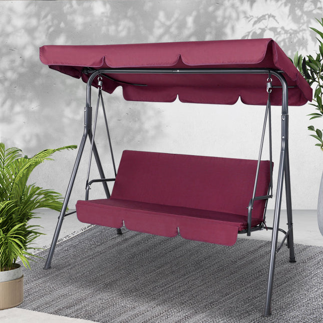 Gardeon Outdoor Swing Chair Garden Bench Furniture Canopy 3 Seater Wine Red.