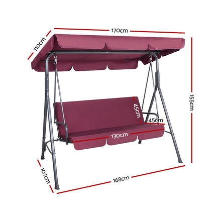 Gardeon Outdoor Swing Chair Garden Bench Furniture Canopy 3 Seater Wine Red.
