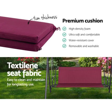 Gardeon Outdoor Swing Chair Garden Bench Furniture Canopy 3 Seater Wine Red.