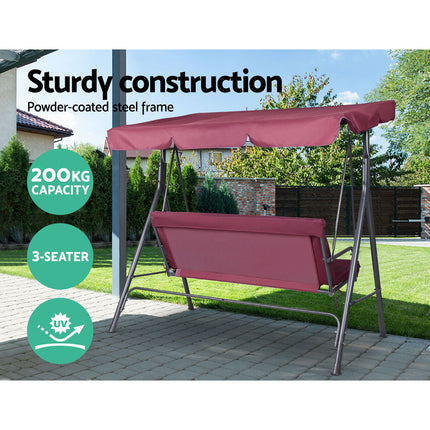 Gardeon Outdoor Swing Chair Garden Bench Furniture Canopy 3 Seater Wine Red.