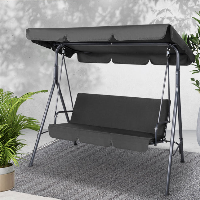 Gardeon Outdoor Swing Chair Garden Chair Bench Furniture Canopy 3 Seater Black.