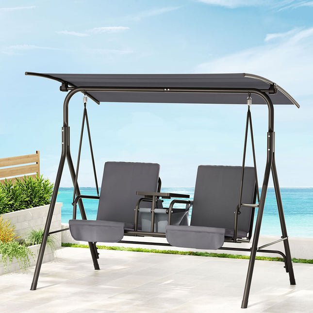 Gardeon Outdoor Swing Chair Garden Chair Canopy Cup Holder 2 Seater Grey.