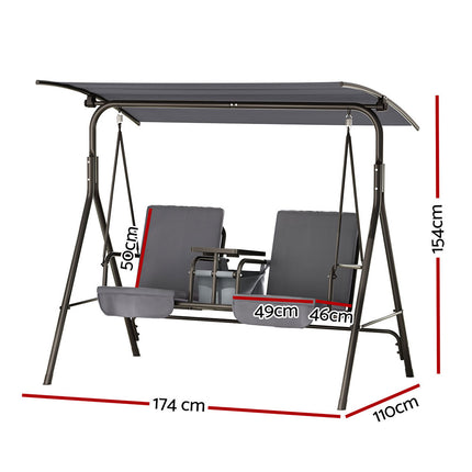 Gardeon Outdoor Swing Chair Garden Chair Canopy Cup Holder 2 Seater Grey.