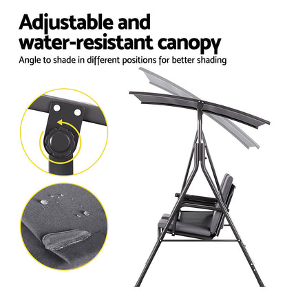 Gardeon Outdoor Swing Chair Garden Chair Canopy Cup Holder 2 Seater Grey.