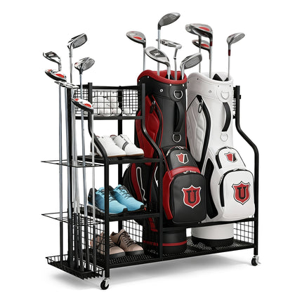 Everfit Golf Bag Storage Golf Storage Garage Organizer with Wheels Black.