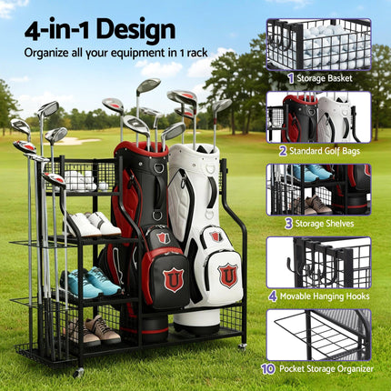 Everfit Golf Bag Storage Golf Storage Garage Organizer with Wheels Black.