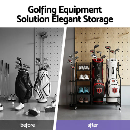 Everfit Golf Bag Storage Golf Storage Garage Organizer with Wheels Black.