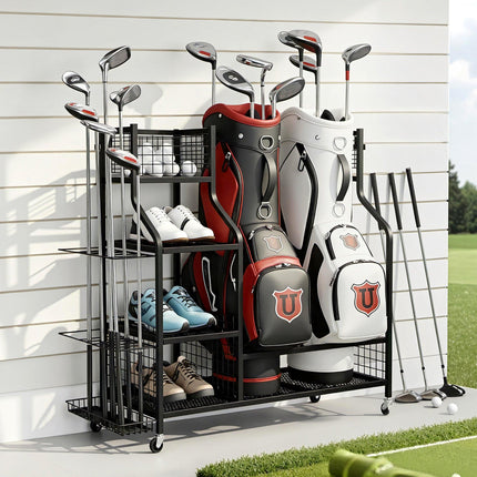 Everfit Golf Bag Storage Golf Storage Garage Organizer with Wheels Black.