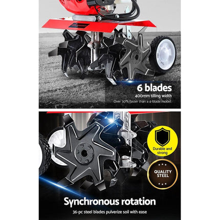 Giantz 65CC Tiller Rototiller Garden Cultivator 6 Blades Soil Power Rotary Hoe.
