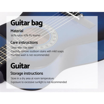 Alpha 34 Inch Classical Guitar Wooden Body Nylon String Beginner Kids Gift Blue.