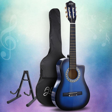 Alpha 34 Inch Classical Guitar Wooden Body Nylon String w/ Stand Beignner Blue.