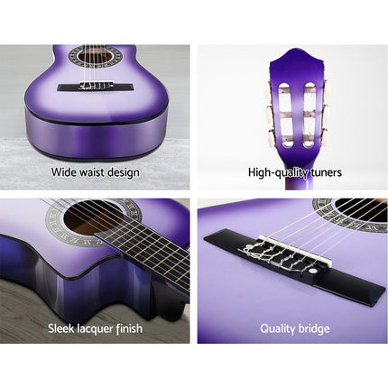 Alpha 34 Inch Classical Guitar Wooden Body Nylon String w/ Stand Beignner Purple.