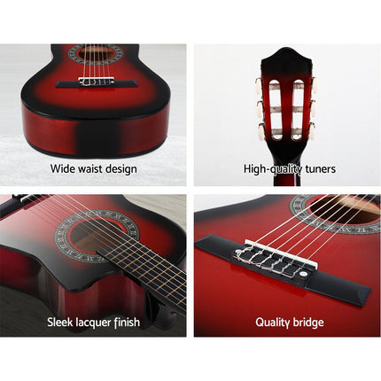 Alpha 34 Inch Classical Guitar Wooden Body Nylon String w/ Stand Beignner Red.