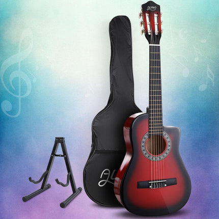 Alpha 34 Inch Classical Guitar Wooden Body Nylon String w/ Stand Beignner Red.