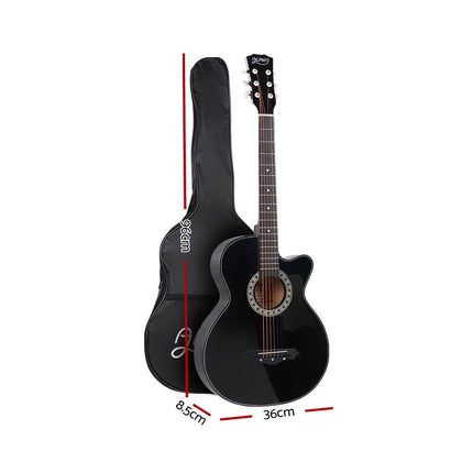 Alpha 38 Inch Acoustic Guitar Wooden Body Steel String Full Size Cutaway Black.