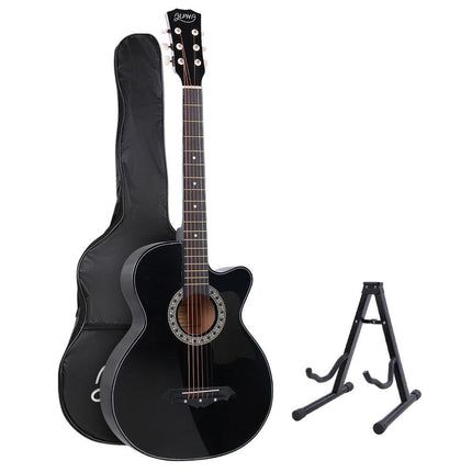 Alpha 38 Inch Acoustic Guitar Wooden Body Steel String Full Size w/ Stand Black.