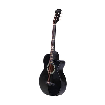 Alpha 38 Inch Acoustic Guitar Wooden Body Steel String Full Size w/ Stand Black.