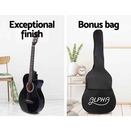 Alpha 38 Inch Acoustic Guitar Wooden Body Steel String Full Size w/ Stand Black.