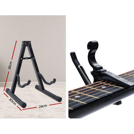 Alpha 38 Inch Acoustic Guitar Wooden Body Steel String Full Size w/ Stand Black.
