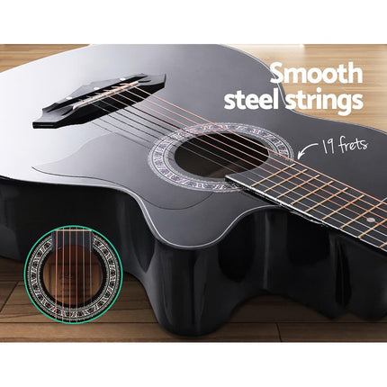 Alpha 38 Inch Acoustic Guitar Wooden Body Steel String Full Size w/ Stand Black.