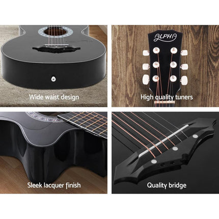 Alpha 38 Inch Acoustic Guitar Wooden Body Steel String Full Size w/ Stand Black.