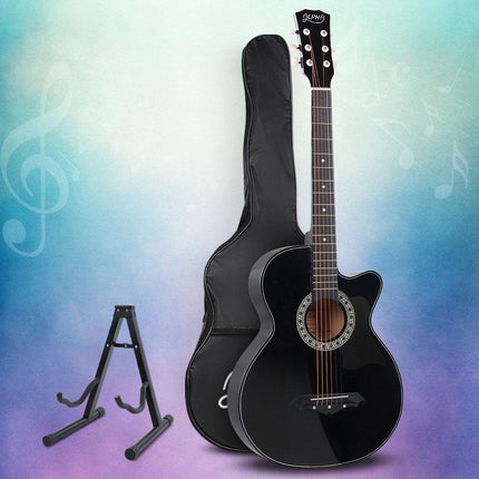 Alpha 38 Inch Acoustic Guitar Wooden Body Steel String Full Size w/ Stand Black.