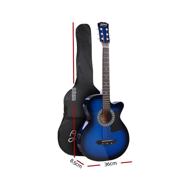 Alpha 38 Inch Acoustic Guitar Wooden Body Steel String Cutaway Blue.