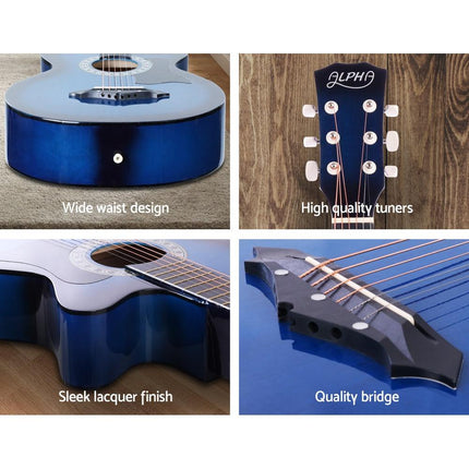 Alpha 38 Inch Acoustic Guitar Wooden Body Steel String Cutaway Blue.
