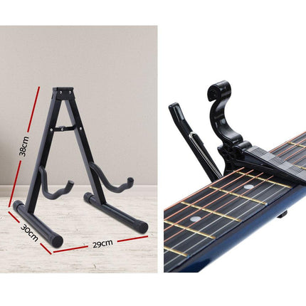 Alpha 38 Inch Acoustic Guitar Wooden Body Steel String Full Size w/ Stand Blue.