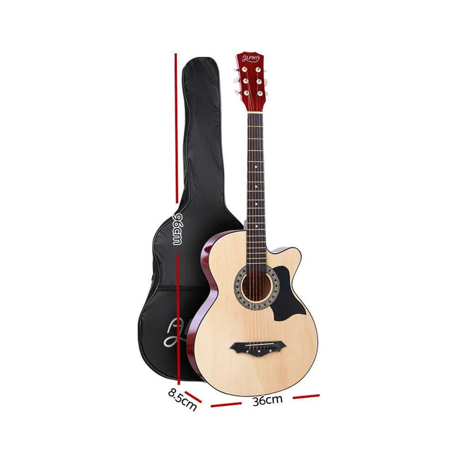 Alpha 38 Inch Acoustic Guitar Wooden Body Steel String Full Size Cutaway Wood.