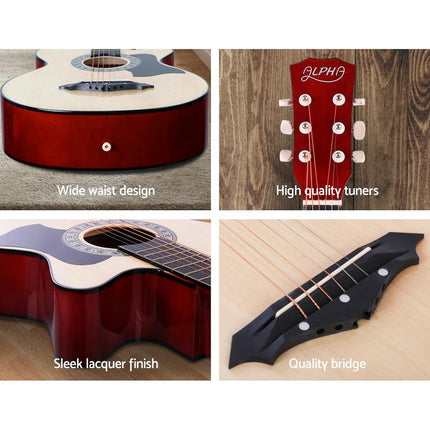 Alpha 38 Inch Acoustic Guitar Wooden Body Steel String Full Size Cutaway Wood.