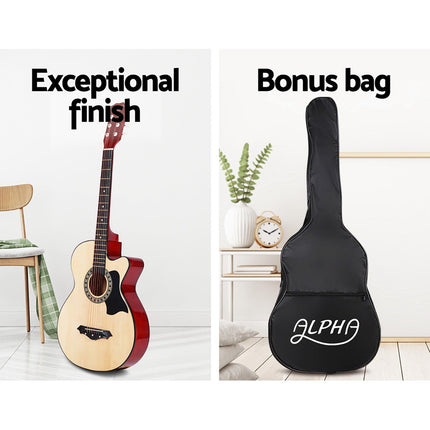 Alpha 38 Inch Acoustic Guitar Wooden Body Steel String Full Size w/ Stand Wood.