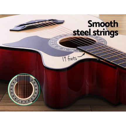 Alpha 38 Inch Acoustic Guitar Wooden Body Steel String Full Size w/ Stand Wood.