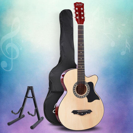 Alpha 38 Inch Acoustic Guitar Wooden Body Steel String Full Size w/ Stand Wood.